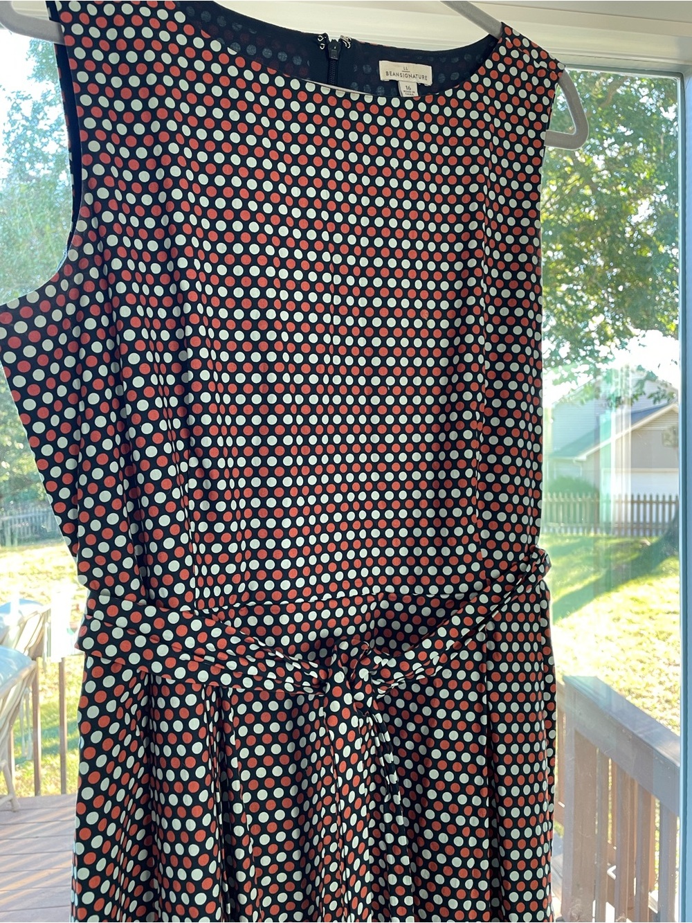 LL Bean Signature navy, orange, and white polka dot dress